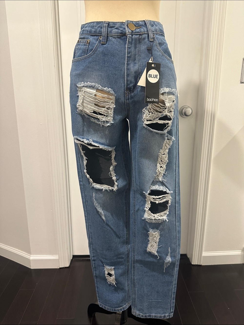 Boohoo Distressed Light Blue High Waist Boyfriend Jeans